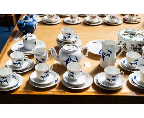 1930's China Blue Swallow Bird Czechoslovakia Tea-Set. Comprises Teapot, Milk Jug, Cups and Saucers, Side Plates, Sugar Bowl 