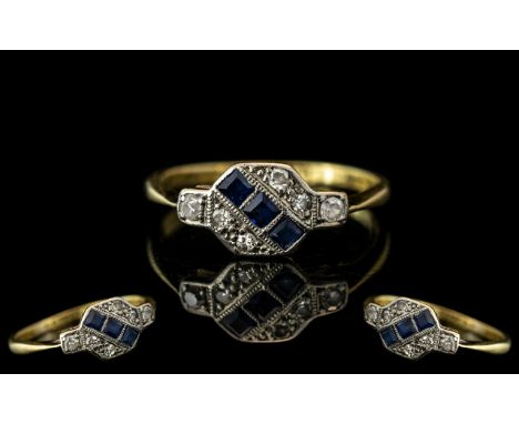 Art Deco Period Petite and Attractive Ladies 18ct Gold and Platinum Diamond / Sapphire Set Ring. Marked 18ct and Platinum to 