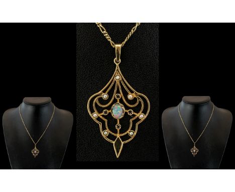 Antique Period - Attractive 9ct Gold Stylish and Open-worked Opal Seed Pearl - Sapphire Set Pendant with Attached 9ct Gold Fa