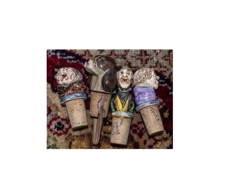 ( 4 ) Interesting - Vintage Ceramic Bottle Cork and Porcelain Bottle Stoppers. Includes 1 Dog and 3 Male Figures ( Charles Di