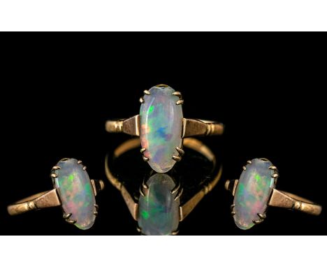 Antique Period - Attractive 9ct Gold Opal Set Ring, Marked 9ct. The Opal of Excellent Oranges, Greens and Blues. Ring Size L.