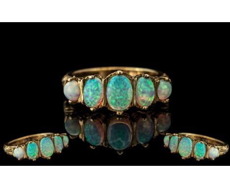 Antique Period - Attractive 9ct Gold 5 Stone Opal Set Dress Ring, Excellent Setting. All Opals In Excellent Colours. Est Weig