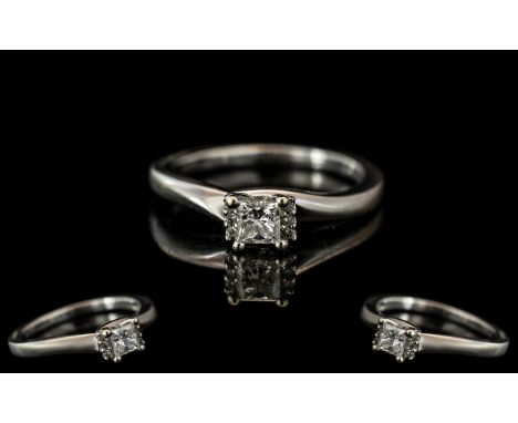 Ladies 9ct White Gold Attractive Contemporary Princes Cut Diamond Set Ring. Marked to Shank 9.375 And Diamond Weight 0.25 pts