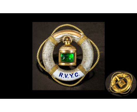 Royal Victoria Yacht Club - 18ct Gold and Enamel Emerald Set Sweetheart Brooch In the Form of a Ships Life buoy. With a Star-