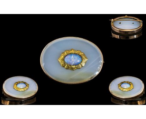 Antique Period Attractive 9ct Gold Mounted Chalcedony Brooch, Opal Set to Centre of Oval Form. Not Marked but Tests Gold. 1.5