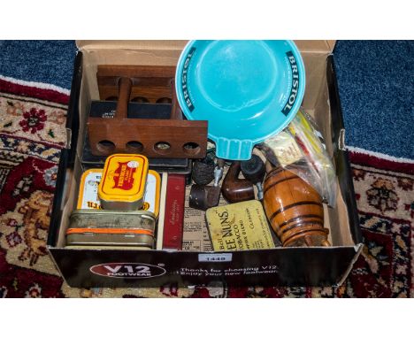 Box of Vintage Smoking Equipment, Includes Old Tabacco Tins, Pipes, Pipe Stand, Bristol Tipped Cigarettes Light Blue Ash Tray