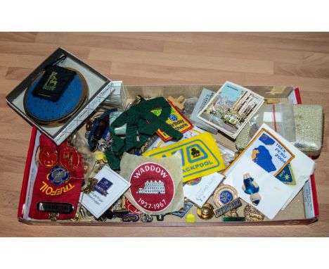 Box of Girl Guide Memorabilia, including metal badges, fabric badges, coins, pin badges, cuff links, etc.  Together with a St