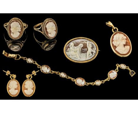 Excellent Collection of 9ct Gold Cameo Set Jewellery. All Fully Hallmarked for 9ct. Comprises 1/ Bracelet 2/ Pendant Brooch. 