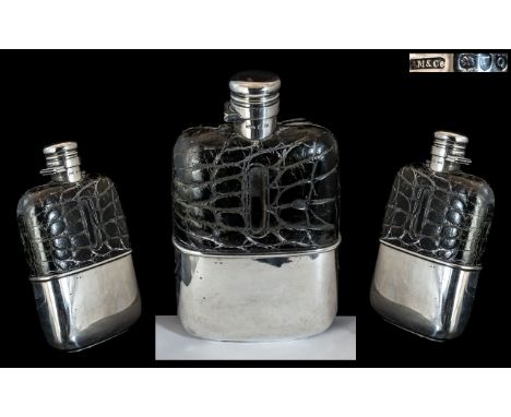 Victorian Period Sampson and Mordan Superb Quality Sterling Silver and Glass Hip Flask, with Silver Hinged Screw Top and Snak