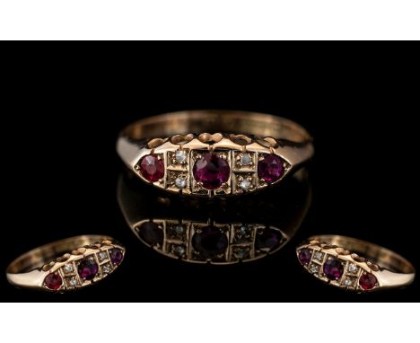 Edwardian Period - Attractive 9ct Gold Ruby and Diamond Set Ring, Excellent Design. Full Hallmark to Interior of Shank. Hallm