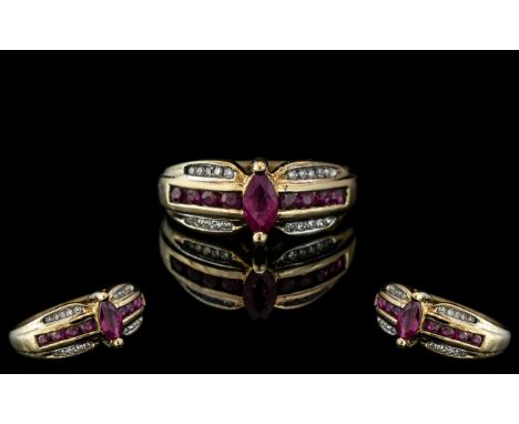 Ladies 9ct Gold Attractive Ruby and Diamond Set Ring. Fully Hallmarked for 9.375. The Rubies of Good Colour. Ring Size P. Wei