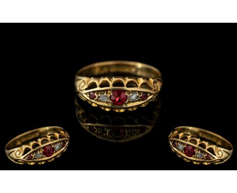 Antique Period Attractive 18ct Gold Ruby and Diamond Set Ring, Pleasing Setting. Full Hallmark for Birmingham 1915 to Interio