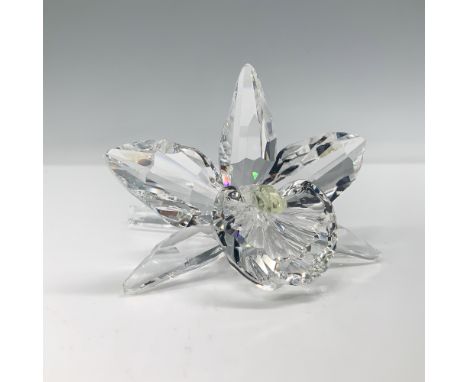 Swarovski Silver Crystal Orchid figurine, designed with faceted clear petals and a light yellow center, model number 200280. 