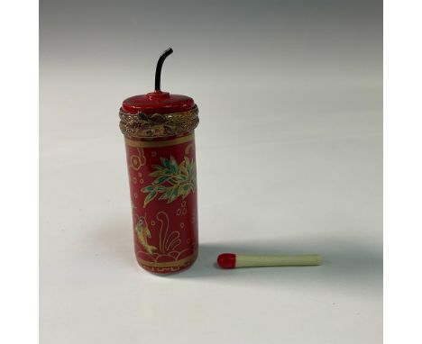 Whimsical porcelain treasure box, crafted in Limoges, France, in the shape of a traditional Chinese firecracker. This intrica