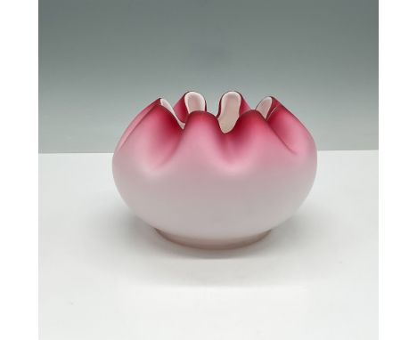 A delicate cranberry pink satin glass rose bowl featuring a soft, frosted finish and a ruffled rim. The ombre effect transiti