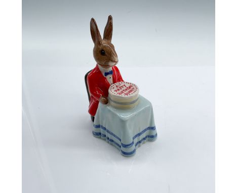 Royal Doulton Bunnykins figurine titled "Happy Birthday Bunnykins," model DB21, featuring a bunny wearing a red jacket with a
