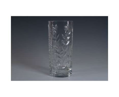 Elegant Dresden crystal cut glass vase featuring an intricate floral and foliate design. The clear crystal body showcases fin