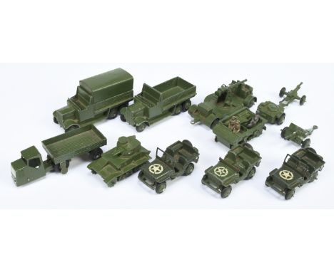 Dinky Military Group includes 151b Covered 6-Wheeled Wagons x2, 152a Light Tank, 153 Jeep x3 with others. Fair Plus to Good