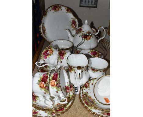 ROYAL ALBERT 'OLD COUNTRY ROSES' PATTERN TEA WARE, comprising teapot, milk jug, sugar bowl, cake plate, chrome handled bonbon