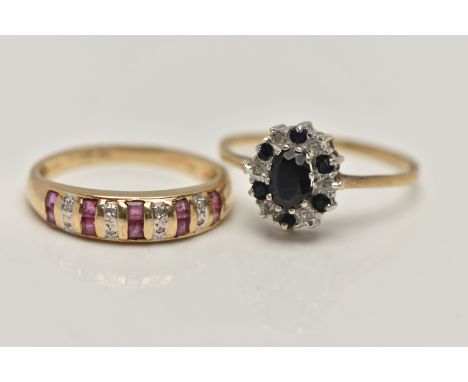 TWO 9CT GOLD GEM SET RINGS, the first a cluster ring set with an oval cut deep blue sapphire in a surround of alternating sap