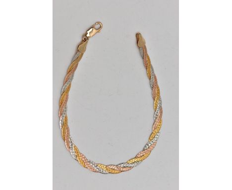 A 9CT GOLD TRI-COLOUR BRACELET, the white, rose and yellow gold flattened chains in a woven design, to the spring release cla