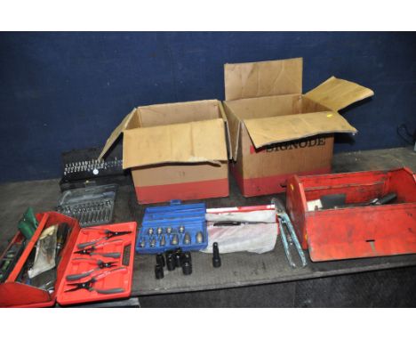 TWO BOXES AND A METAL TOOLBOX CONTAINING AUTOMOTIVE TOOLS including a cased set of Kennedy Circlip pliers, a Powerfix Torx bi