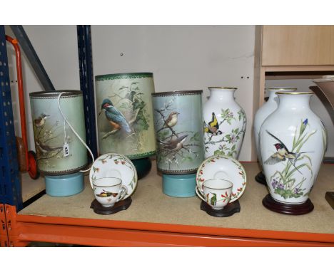 A GROUP OF TABLE LAMPS AND VASES, comprising a pair of mid-century bedside lamps, circular ceramic bases with cylinder shade 