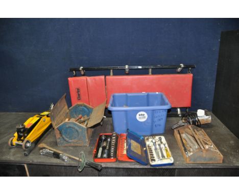 A SELECTION OF AUTOMOTIVE TOOLS including a Clarke Crawler board, a Halfords Trolley jack, spanners, sockets, hammers, two Im