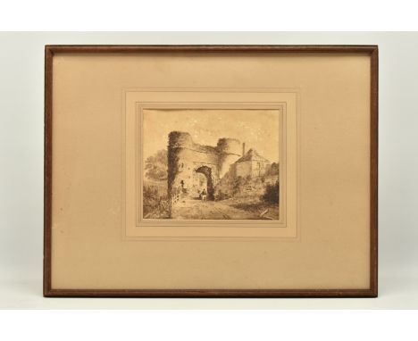 CIRCLE OF PETER De WINT (1784-1859) 'STRAND GATE, WINCHELSEA', a study with figures on the pathway, no visible signature, ink