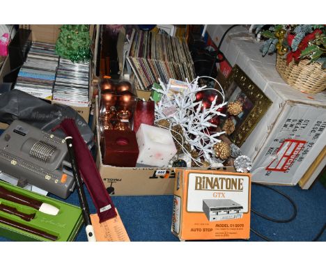 FIVE BOXES OF MISCELLANEOUS SUNDRIES, to include a vintage Nippon Busicom pinwheel mechanical calculator, a boxed Dolmetsch r