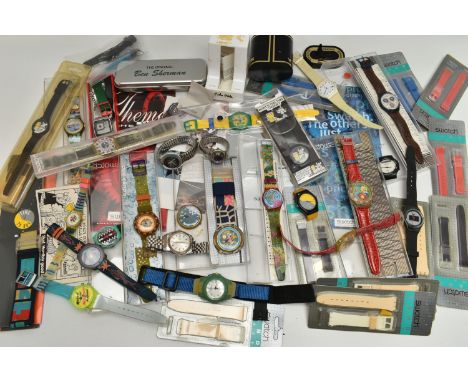 AN BOX OF 'SWATCH' WRISTWATCHES, assorted watches, some unworn and in original packaging, a selection of unopened 'Swatch' wa