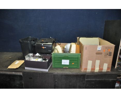 TWO TRAYS CONTAINING VINTAGE AND MODERN HOUSEHOLD ITEMS including a Gabriele 25 typewriter, a Brother label printer, a Ronson