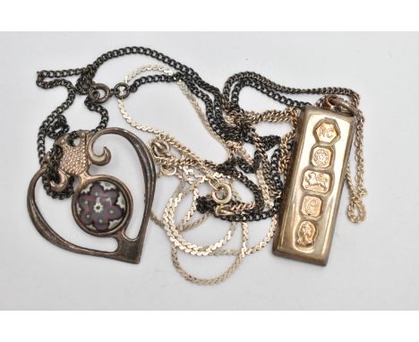TWO SILVER PENDANTS AND THREE CHAINS, to include a silver ingot hallmarked Sheffield 1977, length 40.8mm fitted with a suspen