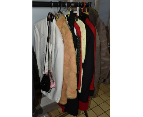 A GROUP OF SIXTEEN PIECES OF VINTAGE CLOTHING, comprising two light brown real sheepskin jackets, an apricot coloured fur coa