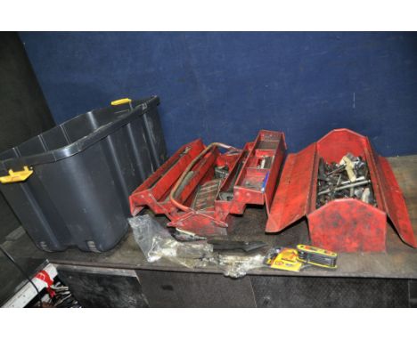 A PLASTIC BOX AND TWO TOOLBOXES CONTAINING ENGINEERING TOOLS including a quantity of new and still packaged calipers, spanner