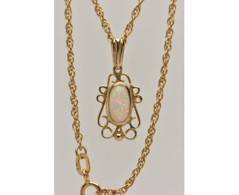 A 9CT GOLD OPAL PENDANT NECKLACE, the oval opal within a collet setting to the scrolling wire surround suspended from a rope 