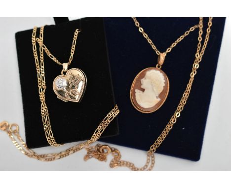 A 9CT GOLD NECKLACE AND A YELLOW METAL CAMEO NECKLACE, a heart locket with floral detail, hallmarked 9ct Birmingham, suspende