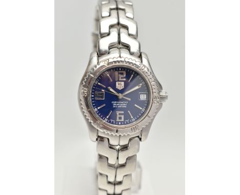 A BOXED 'TAG HEUER' WRISTWATCH, round blue dial signed 'Tag Heuer Chronometer Officially Certified 200 Metres', Arabic twelve