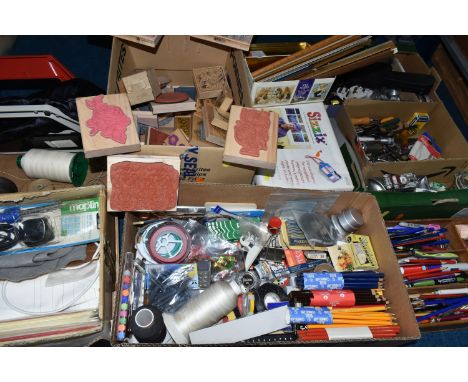 FOUR BOXES AND LOOSE STATIONERY, ART AND CRAFT ITEMS AND TOOLS, to include a boxed Sizzix die cutting machine, wooden backed 
