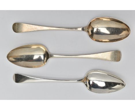 THREE SILVER TABLESPOONS, the first an old English pattern, 'J R' monogram engraving, hallmarked 'Charles Boyton' London 1832