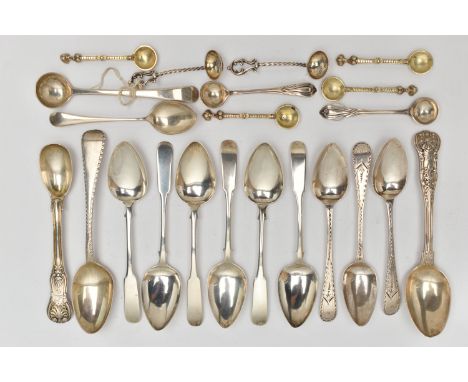 A SELECTION OF ASSORTED TEASPOONS, to include a set of six fiddle pattern spoons, hallmarked 'John Heron' Edinburgh 1812, thr