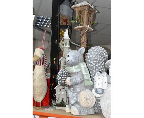 A GROUP OF LARGE CHRISTMAS DECORATIONS, to include light up snowman and squirrel, two standing teddy bears approximately 50cm