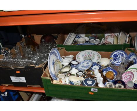 THREE BOXES OF CERAMICS AND GLASSWARE, to include a Machlin Ware lidded pot with an inner glass beaker 'Southport', a Wade 'C