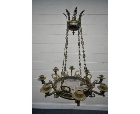 AN EARLY 19TH CENTURY FRENCH BRASS HANGING CENTRE LIGHT, with eight branches, drop height 77cm x diameter 68cm (condition rep