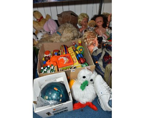 THREE BOXES OF SOFT TOYS, DOLLS AND TEN PIN BOWLING BALLS, to include a musical Fisher-Price toy radio, a Fisher-Price 'Jack-