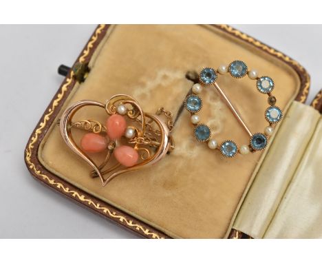 TWO YELLOW METAL BROOCHES, the first of a circular form set with alternating circular cut aquamarine and seed pearls, mounted