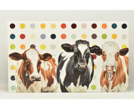 HAYLEY GOODHEAD (BRITISH CONTEMPORARY) 'DAMIEN'S HERD', a limited edition box canvas print depicting cows against a spotted b