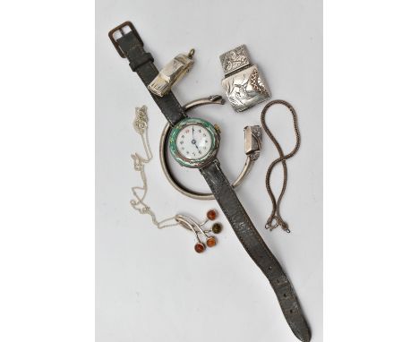 FIVE ITEMS OF JEWELLERY, to include an Edwardian silver enamel watch head, import mark for London 1908, with leather strap, a