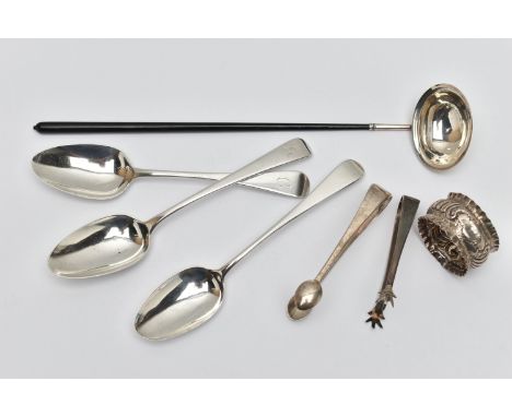 AN ASSORTMENT OF SILVER FLATWARE, to include a silver toddy ladle, hallmark rubbed London 1810, a pair of ice tongs, hallmark