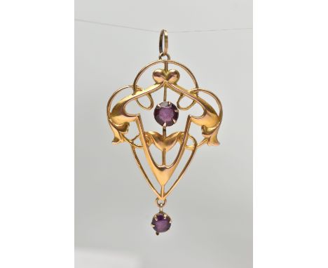 A LAVALIER PENDANT, the scrolling foliate design set with a central circular purple paste and similar drop, stamped 9ct, leng